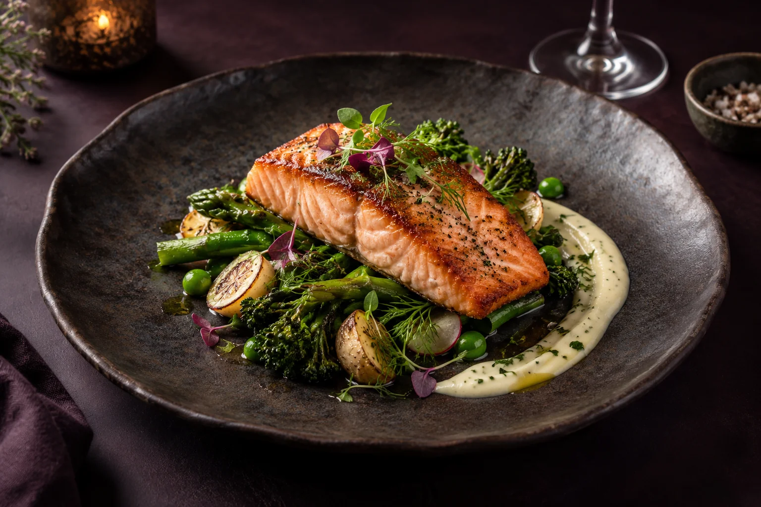 A beautifully plated salmon dish with vegetables and sauce